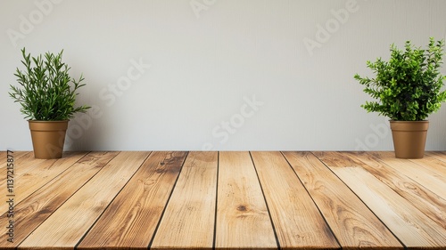 A serene wooden table with two potted plants on either side against a plain wall, creating a calming and natural ambiance.