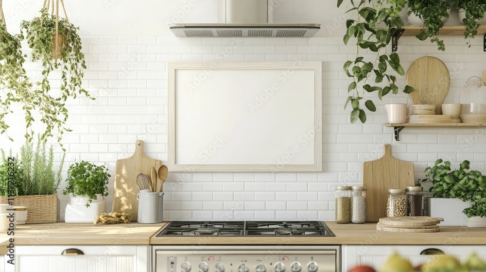 Fototapeta premium Minimal white kitchen with green plants, modern decor, clean and bright cooking space