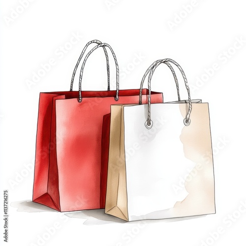 Two Shopping Bags, Red and Beige Paper Bags for Retail Branding