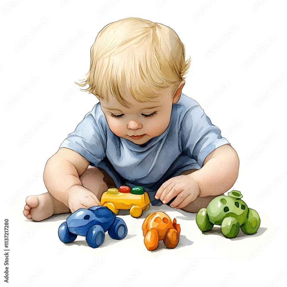 Young Child Playing with Colorful Toy Cars on Floor in Bright Room, Engaging in Creative Playtime Activity Young Child Playing with Colorful Toy Cars on Floor in Bright Room, Engaging in Creative Playtime Activity