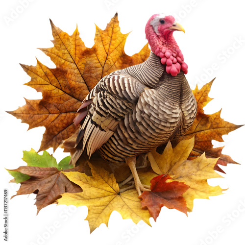 Turkey with dry winter leaves on white background