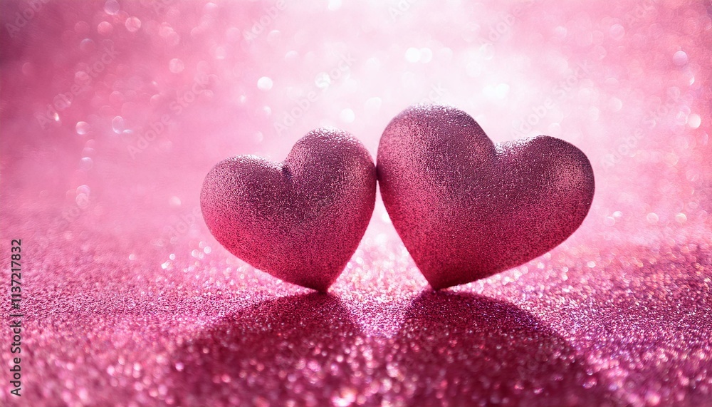 Obraz premium Two pink hearts on glittery shiny background for Valentine's Day love concept 