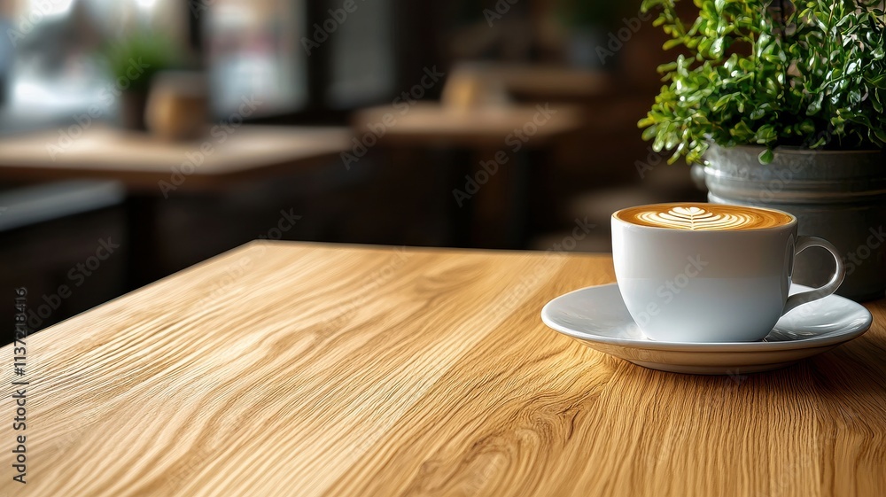 Obraz premium A cozy coffee setting featuring a cup of latte art on a wooden table, complemented by a small green plant in a pot.