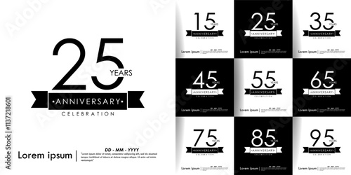 Set of 15-95th years anniversary celebration emblem. black anniversary logo isolated with ribbon on white background. vector illustration template design for web, flyers, poster, greeting card