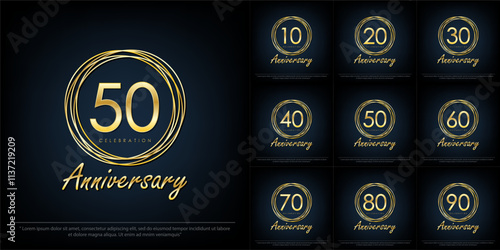 set of 10-90th years anniversary celebration emblem. elegance golden anniversary logo isolated with rings on black background, vector illustration template 