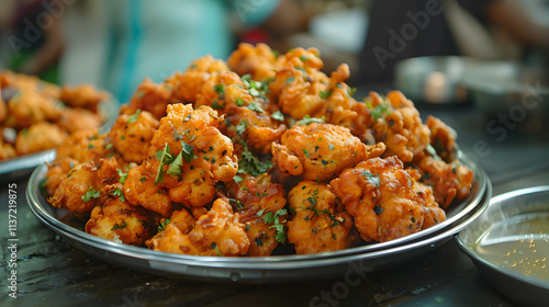 A plate of delicious Indian snack called pakora is served during rainy day photo