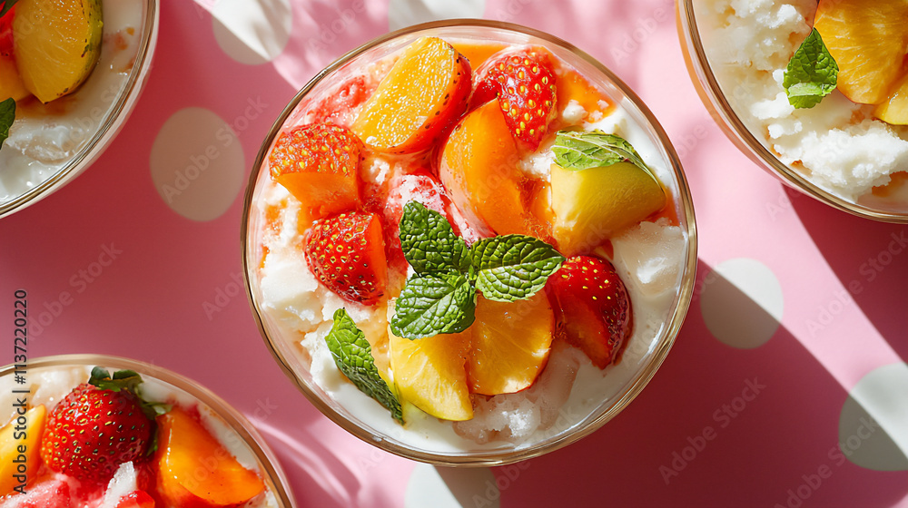 An overhead view of a colorful bingsu with la An overhead view of a colorful bingsu with la