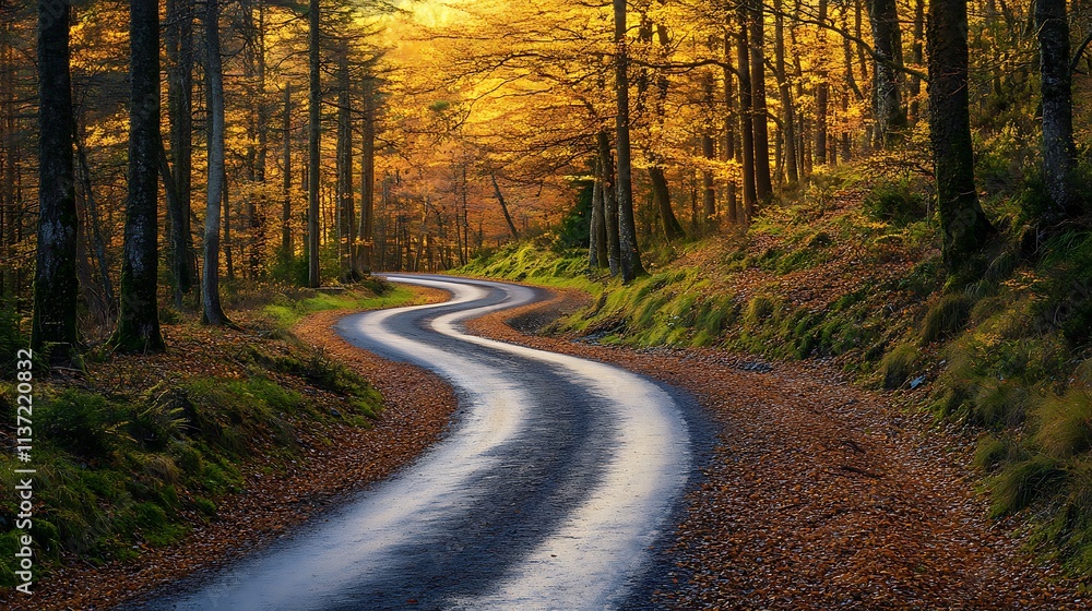 Obraz premium Winding Road Through Autumnal Forest Canopy