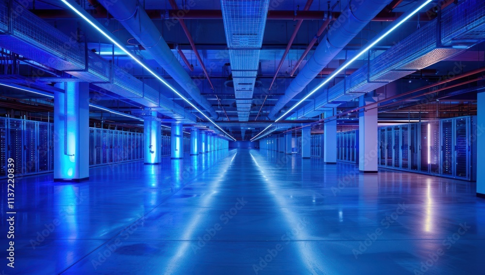 Blue-lit Server Room with Rows of Servers and Metallic Pipes Blue-lit Server Room with Rows of Servers and Metallic Pipes