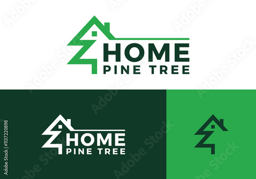 simple pine tree with house logo. real estate, forest, natural wood vector design template