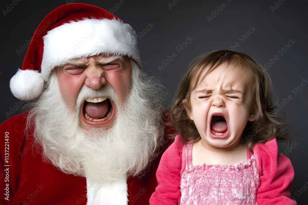 Merry christmas, Ñute baby girl crying with santa claus. Christmas advertising concept image for print and online use. Baby red lap santa. Baby smiling santa claus. Santa photo happy family. Merry christmas, Ñute baby girl crying with santa claus. Christmas advertising concept image for print and online use. Baby red lap santa. Baby smiling santa claus. Santa photo happy family.