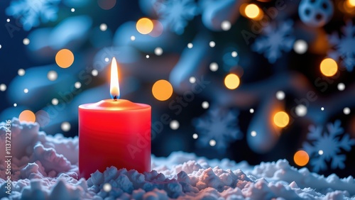 the first image features a lit candle, its flame casting a warm glow on the surrounding area. the second image showcases a festive red christmas ornament adorned with intricate gold designs. **image photo