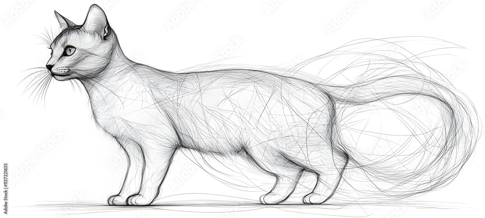 Obraz premium A stylized illustration of a cat, featuring intricate line work that captures the essence of feline grace. The cat appears in a side profile against a white background.