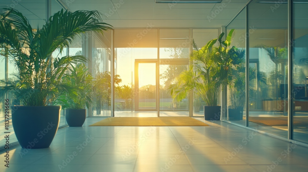 Sunlit Modern Office Corridor with Tropical Plants Sunlit Modern Office Corridor with Tropical Plants