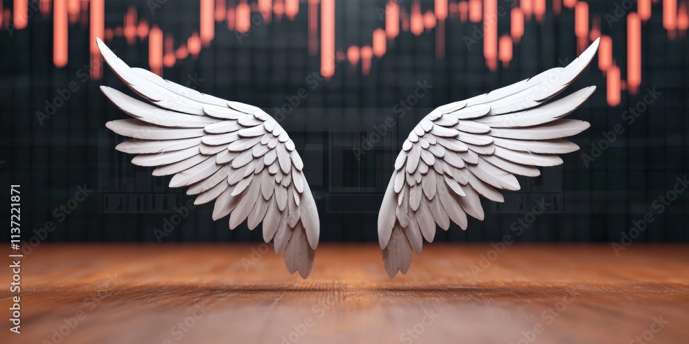 Obraz premium financial success freedom performance concept. A pair of white wings against a backdrop of financial graphs, symbolizing freedom and aspirations in the context of investment and growth.