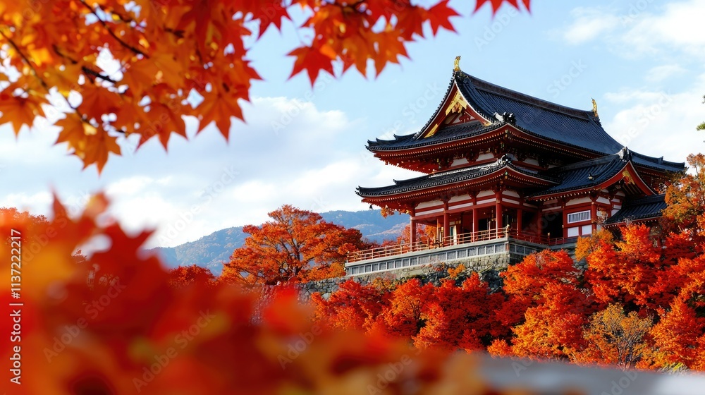 A vibrant autumn scene featuring a traditional Asian building surrounded by brilliant red and orange maple leaves under a clear blue sky. A vibrant autumn scene featuring a traditional Asian building surrounded by brilliant red and orange maple leaves under a clear blue sky.