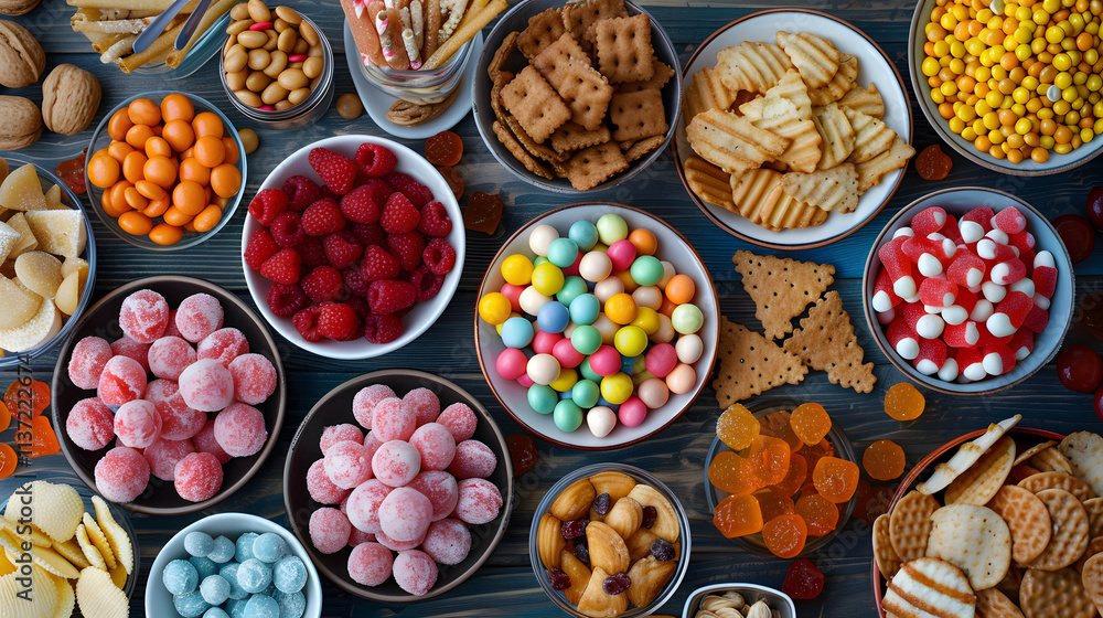 A table full of snacks and candy A table full of snacks and candy