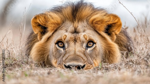 Majestic lion resting in savannah wildlife photography natural habitat close-up view