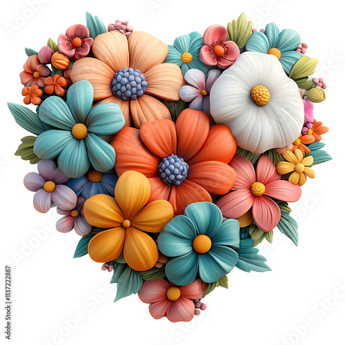 Vibrant Heart-Shaped Bouquet of Mixed Flowers in Cartoon Style on Isolated White Background