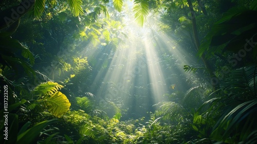 Sunbeams pierce through lush green rainforest canopy.