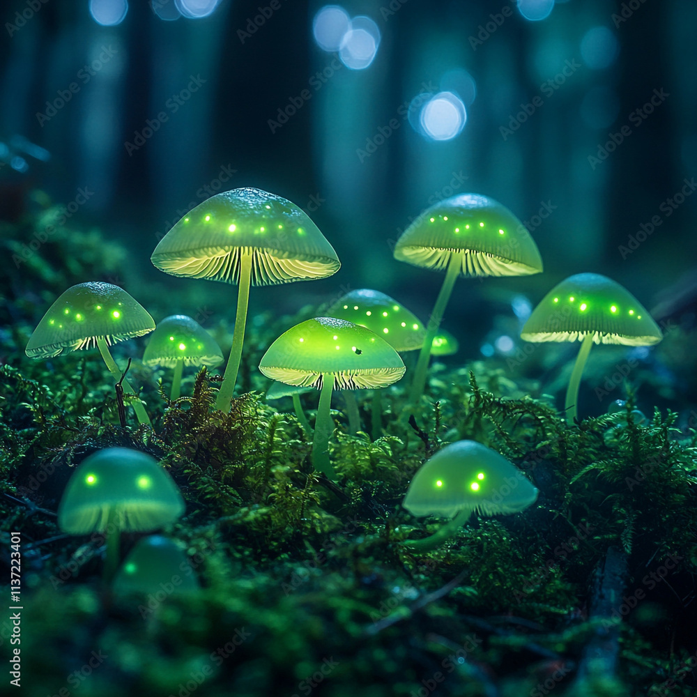 Fototapeta premium Glowing Mushrooms in Enchanted Forest
