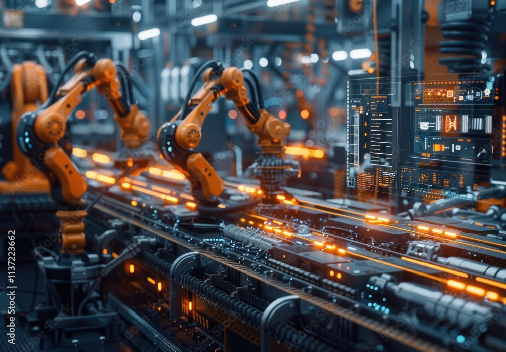 Naklejka premium Futuristic Automated Factory with Industrial Robots