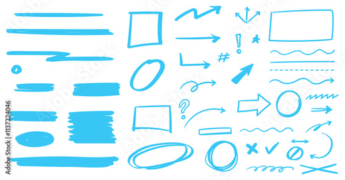 Brush pen hand drawn underline. Blue marker. set highlighter graphic