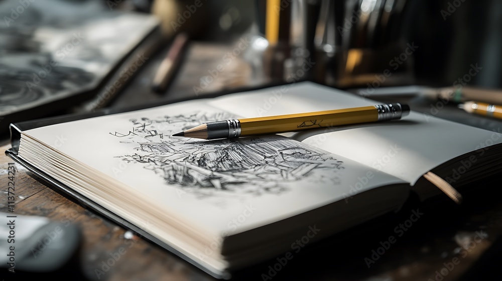 Fototapeta premium Sketchbook Drawing Pencil Landscape Artistic Creation