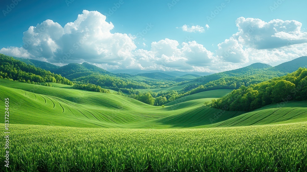 Serene Green Hills Landscape: A picturesque view of rolling green hills under a vibrant sky, showcasing the beauty of nature's tranquility and the harmony of landscape. Serene Green Hills Landscape: A picturesque view of rolling green hills under a vibrant sky, showcasing the beauty of nature's tranquility and the harmony of landscape.