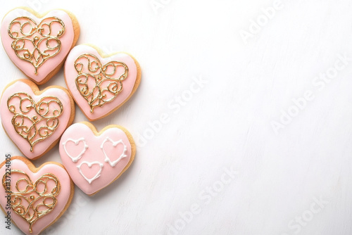 Delicate heart shaped cookies with intricate gold icing designs