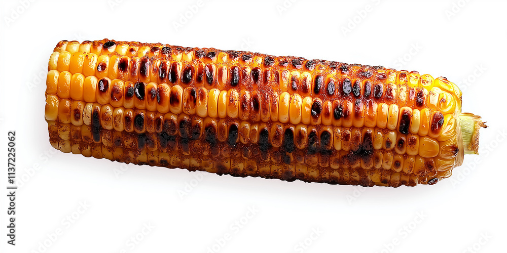 Fototapeta premium Grilled corn on the cob isolated on white background, showing delicious texture