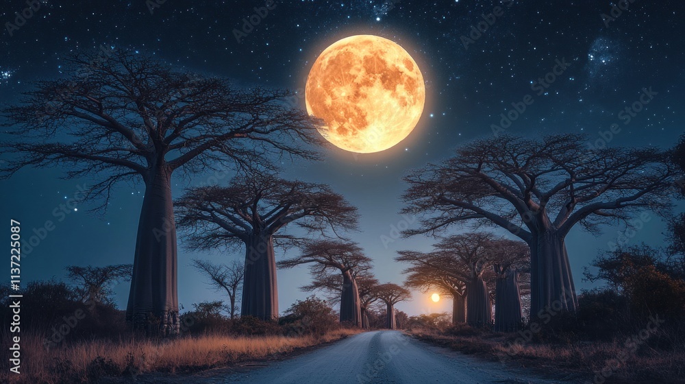A serene night scene featuring a road lined with baobab trees under a bright full moon. A serene night scene featuring a road lined with baobab trees under a bright full moon.