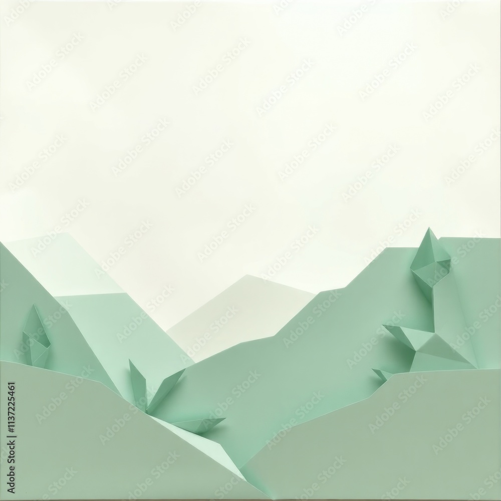 A minimalist paper art landscape with soft green tones and abstract mountains. A minimalist paper art landscape with soft green tones and abstract mountains.