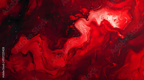 Abstract red liquid paint background with dark swirls and fluid art texture