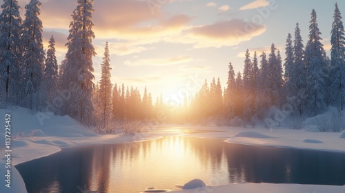 Finland forest lake at sunrise, soft golden light illuminates frost and fog, with perfect water reflections of the mighty trees.