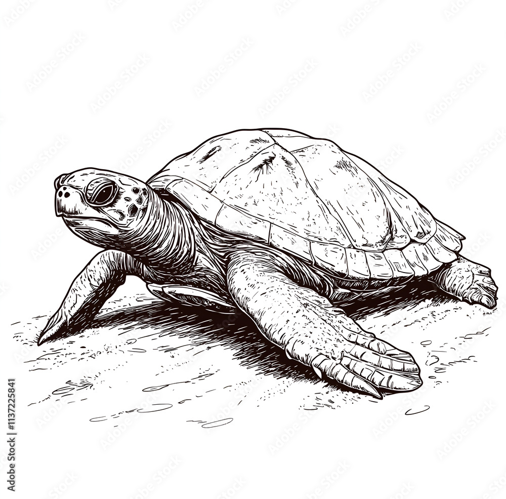 Fototapeta premium ink drawing of a Leatherback turtle, walking on beach,