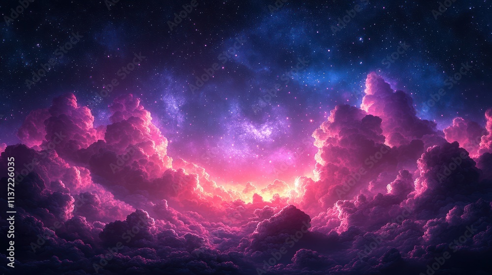 Vibrant pink and purple cloudscape at night, illuminated by a celestial glow. Vibrant pink and purple cloudscape at night, illuminated by a celestial glow.