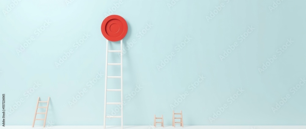 A minimalist scene with a red plate on a wall, accompanied by ladders of varying sizes. A minimalist scene with a red plate on a wall, accompanied by ladders of varying sizes.