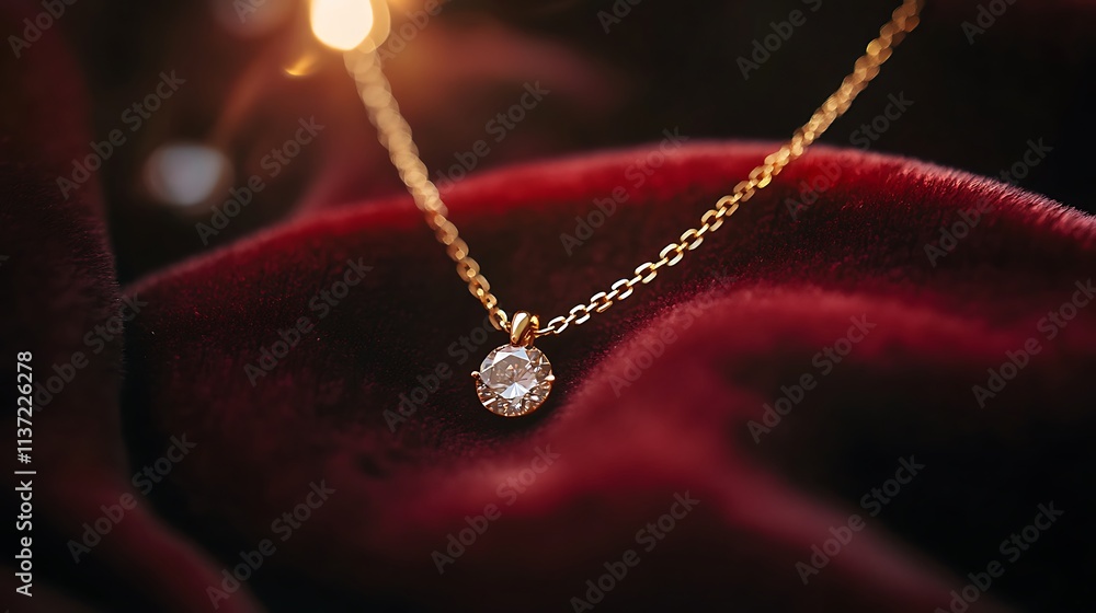 Fototapeta premium Elegant Diamond Pendant Necklace on Red Velvet