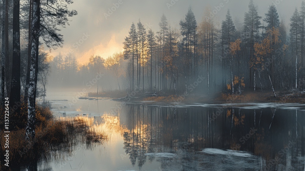Fototapeta premium Finland serene forest lake at sunrise, glowing golden light, misty reflections, frosted shorelines, and majestic pines.