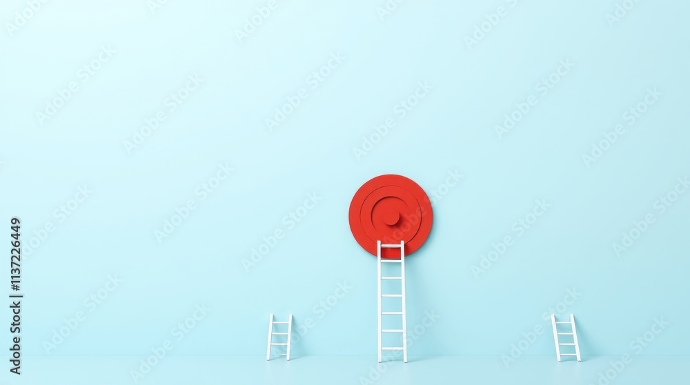 A minimalistic scene featuring ladders leading to a large red target on a blue wall. A minimalistic scene featuring ladders leading to a large red target on a blue wall.