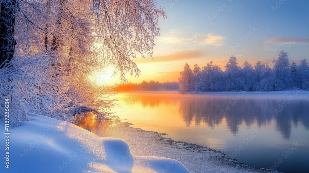 Naklejka premium Finland serene sunrise over a tranquil forest lake, soft golden light, frosted shores, and calm reflections.