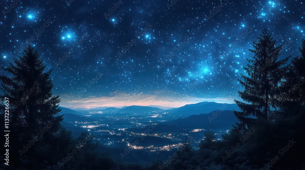 Naklejka premium Starry Night over Mountain Village