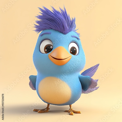 Cartoon bird with a blue head and purple feathers is smiling