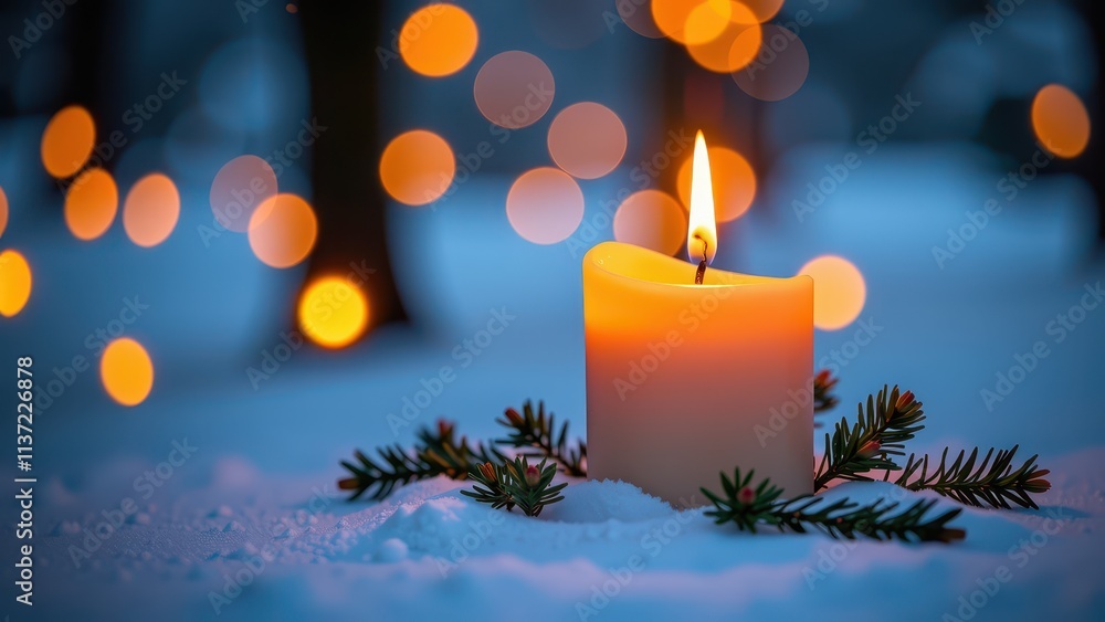 this captivating image showcases two lit candles nestled in snow, surrounded by lush evergreen branches and illuminated with warm string lights. the softly focused background creates a dreamy this captivating image showcases two lit candles nestled in snow, surrounded by lush evergreen branches and illuminated with warm string lights. the softly focused background creates a dreamy