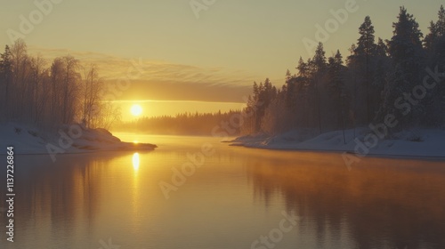 Finland sunrise over a serene forest lake, frost-covered ground glowing, misty calm water, and golden reflections.