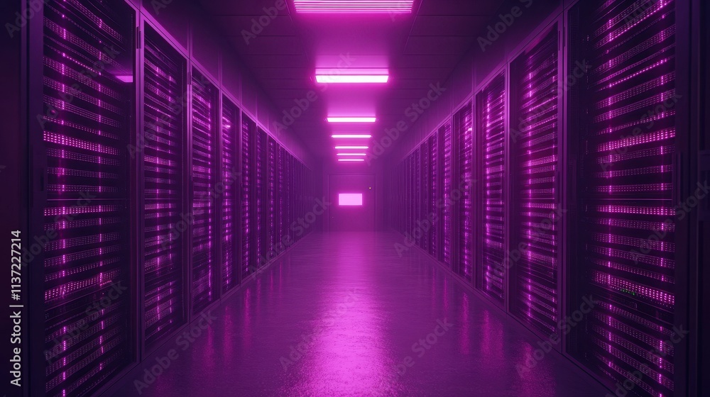 Pink-lit server room corridor; rows of data servers glow. Illustrates data storage, technology, and the digital world. Pink-lit server room corridor; rows of data servers glow. Illustrates data storage, technology, and the digital world.