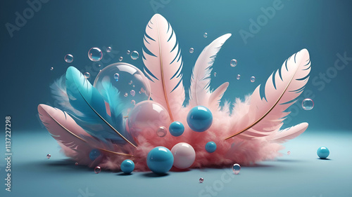 A feather is floating on the water, accompanied by soft light illuminating elements like feathers or bubbles.