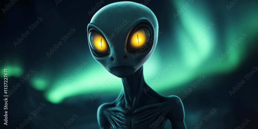 Extraterrestrial being emerging from darkness with glowing eyes and aurora borealis Extraterrestrial being emerging from darkness with glowing eyes and aurora borealis