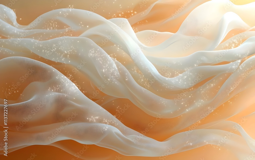 A delicate abstract composition featuring flowing layers of translucent fabric in soft white and beige tones, enhanced with subtle sparkling details that evoke a serene atmosphere. A delicate abstract composition featuring flowing layers of translucent fabric in soft white and beige tones, enhanced with subtle sparkling details that evoke a serene atmosphere.